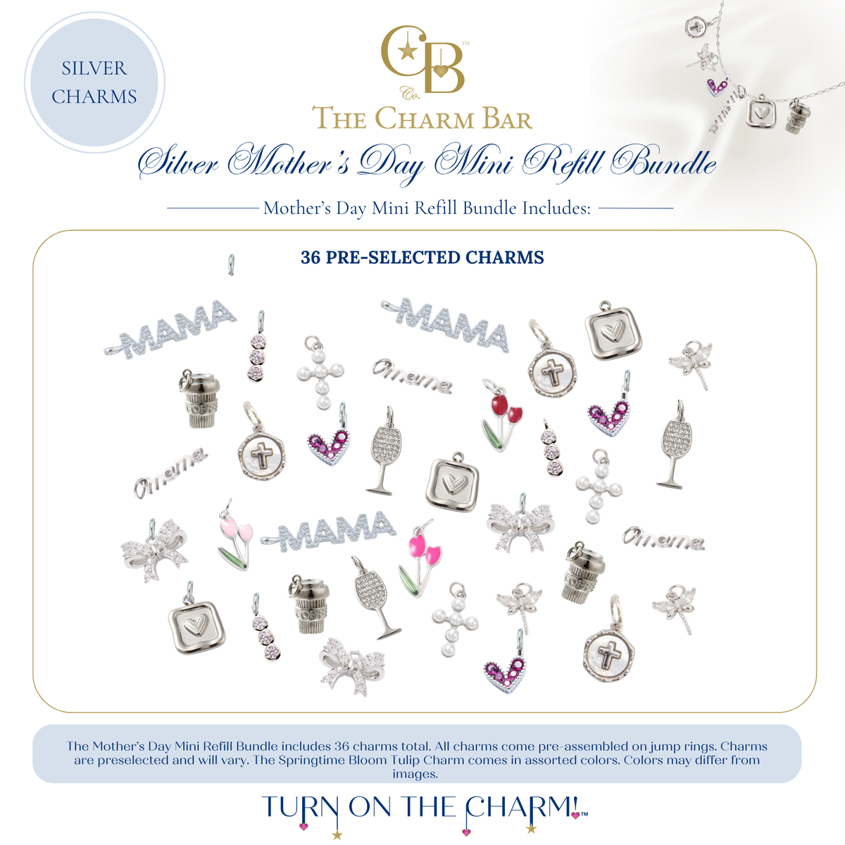 The Charm Bar Silver Mother's Day Mini Refill Bundle featuring 36 pre-selected silver Mother's Day charms for charm bars and jewelry displays. Includes sparkling "Mama" and "Amore" word charms, coffee cup charms, cross medallions, pearl crosses, wine glass charms, heart charms, tulips, dragonflies, bows, rhinestone accents, and silver keepsake charms for creating custom Mother's Day charm necklaces and bracelets.