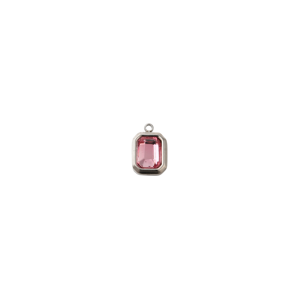 Silver rectangular charm featuring a faceted flamingo pink gemstone on a white background