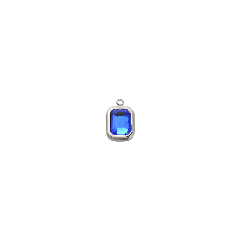 Silver rectangular charm featuring a faceted navy blue gemstone on a white background.