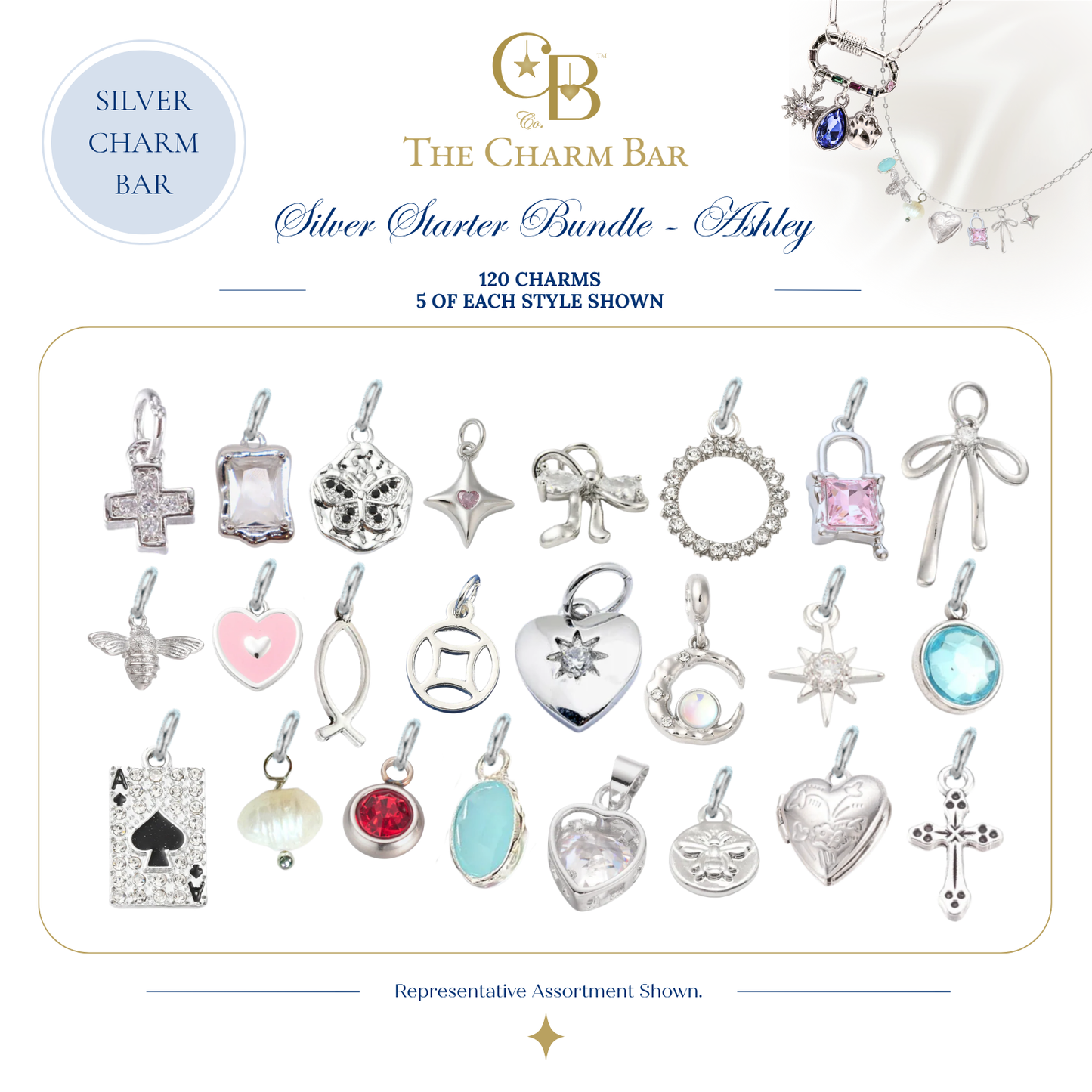 Representative assortment of 120 silver charm bar charms included in The Charm Bar Silver Starter Bundle – Ashley, featuring crosses, butterflies, hearts, bows, gemstones, bees, stars, lockets, celestial charms, and other trendy silver charms for custom jewelry making.