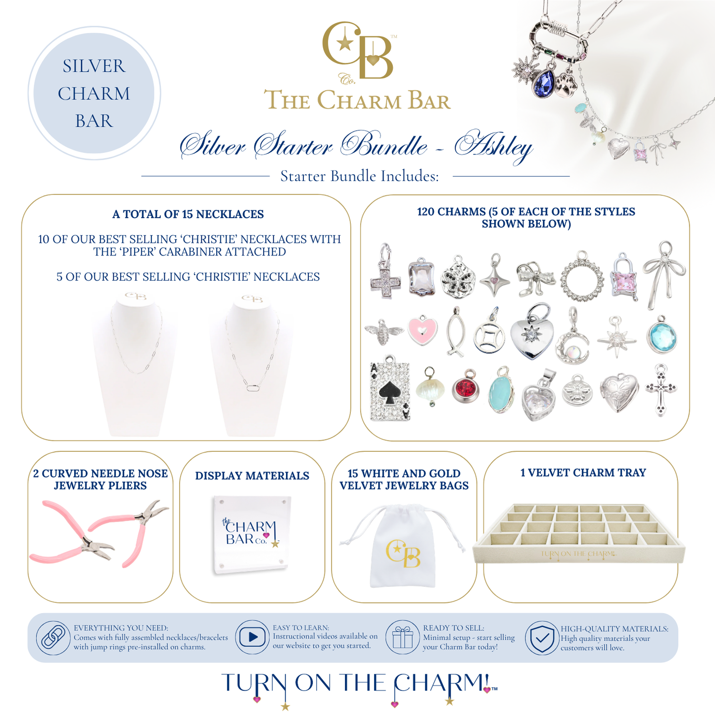 The Charm Bar Silver Starter Bundle – Ashley includes 15 silver Ashley necklaces, 120 assorted silver charms, jewelry pliers, display signage, 15 white and gold velvet jewelry bags, and a velvet charm tray for creating custom charm necklaces in boutiques, pop-up shops, and events.