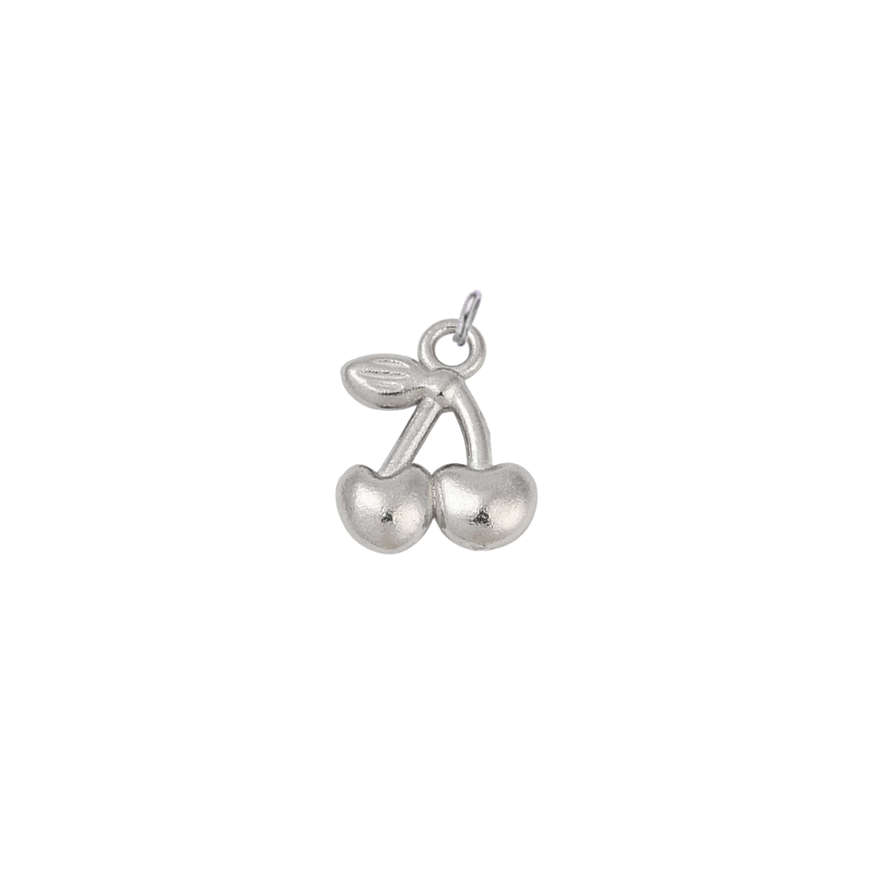 Silver waterproof cherry charm with a polished finish on a transparent background.