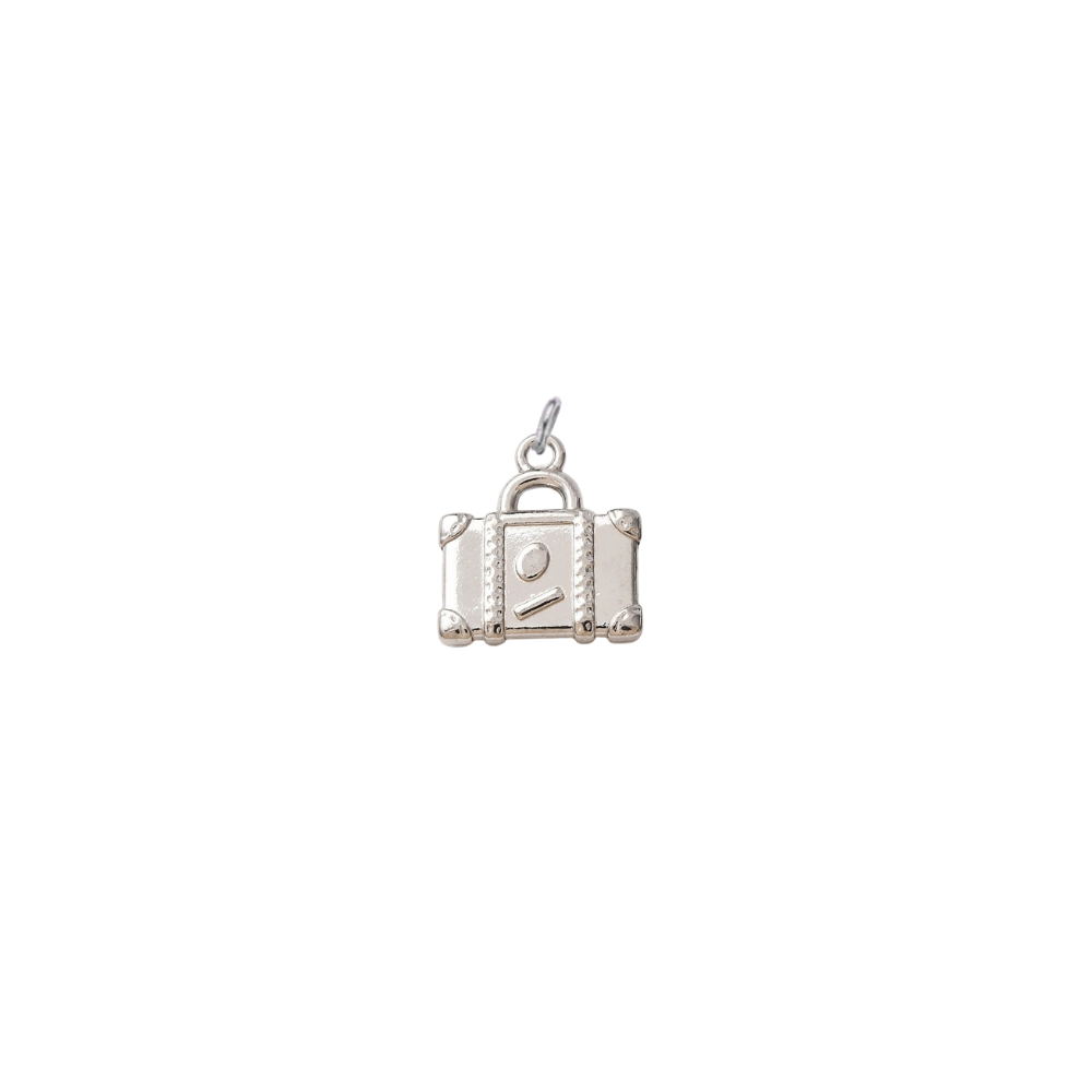 Silver waterproof suitcase charm with a polished finish on a white background.