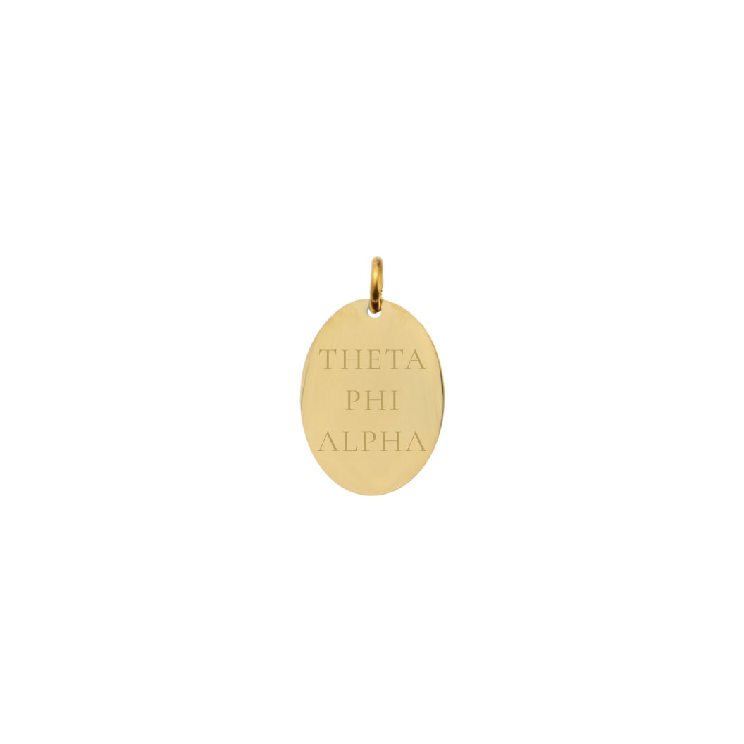 Theta Phi Alpha gold small oval charm with full sorority name front view