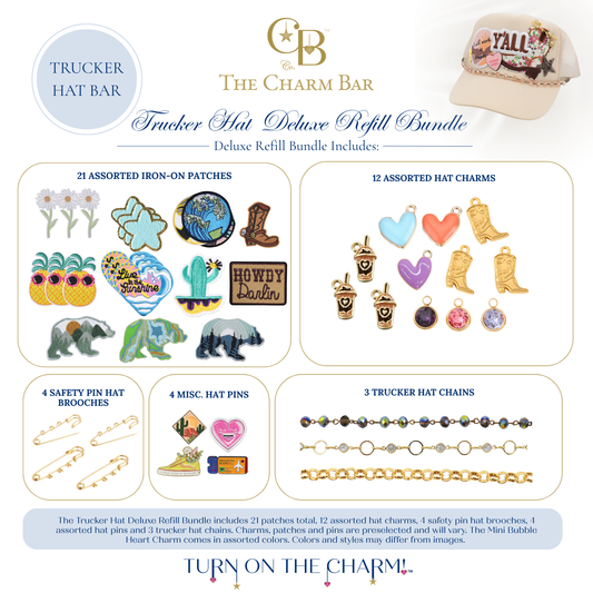 The Charm Bar Trucker Hat Deluxe Refill Bundle featuring supplies to restock a trucker hat bar. Includes 21 assorted iron-on patches, 12 colorful hat charms, 4 safety pin hat brooches, 4 assorted decorative hat pins, and 3 trucker hat chains for creating custom trucker hats. Ideal for boutiques, hat bars, events, and DIY hat customization.