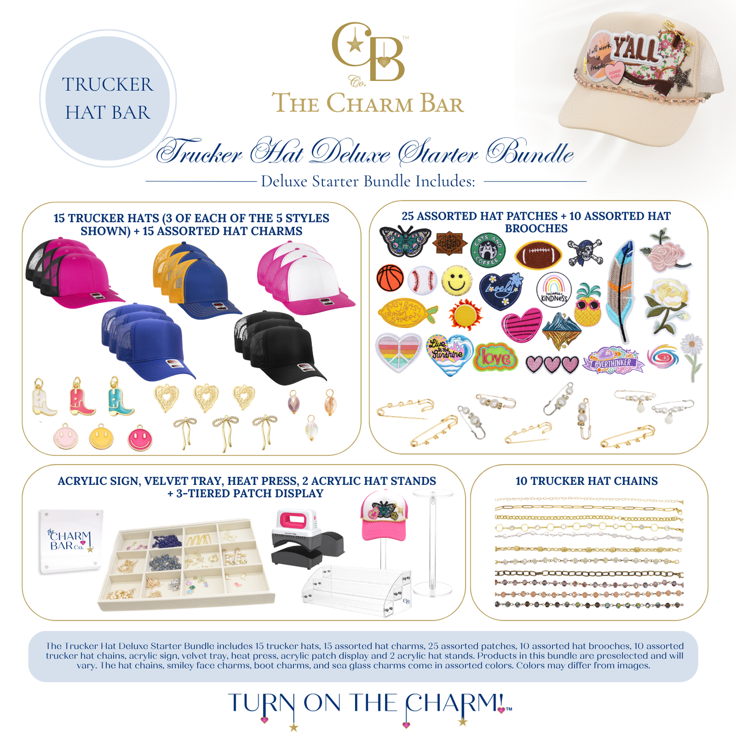 The Charm Bar Company Trucker Hat Deluxe Starter Bundle featuring trucker hats, iron-on patches, hat charms, safety pin hat brooches, trucker hat chains, acrylic displays, heat press, velvet tray, acrylic sign, and hat stands. Complete boutique-ready custom trucker hat bar starter kit for retailers and gift shops.
