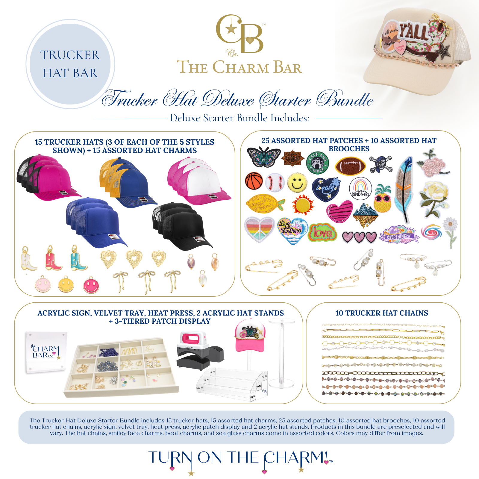 The Charm Bar Company Trucker Hat Deluxe Starter Bundle featuring trucker hats, iron-on patches, hat charms, safety pin hat brooches, trucker hat chains, acrylic displays, heat press, velvet tray, acrylic sign, and hat stands. Complete boutique-ready custom trucker hat bar starter kit for retailers and gift shops.