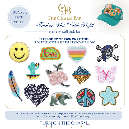The Charm Bar Trucker Hat Patch Refill featuring 39 pre-selected iron-on patches with three of each of 13 designs. Includes smiley face, love, rainbow heart, skull and crossbones, cactus, rose, butterfly, feather, kindness heart, mountain landscape, bear, peace sign, and star patches for customizing trucker hats, jackets, bags, and accessories.