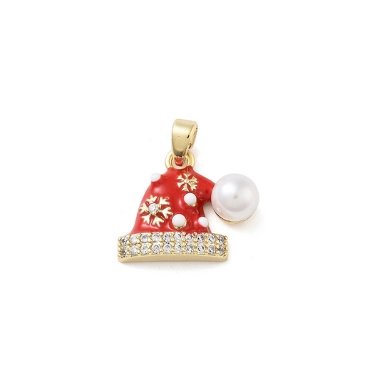 Gold Cubic Zirconia & Pearl Santa Hat Charm