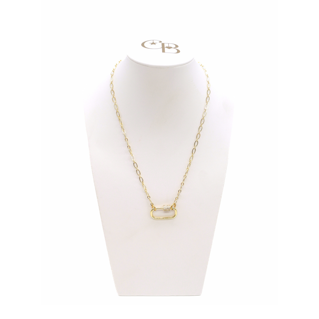 Front view of the Gold Christie Necklace with Large Gabi Carabiner on CB Bust